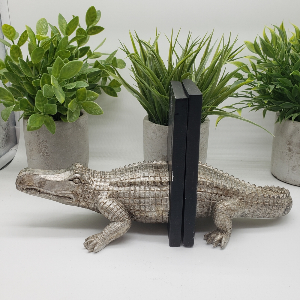 Vintage Silver Polyresin Alligator Bookends